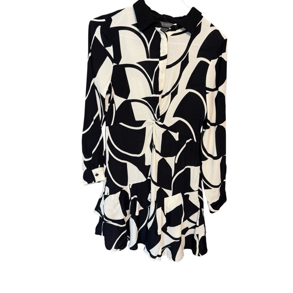 Mint Velvet Size 14 Black Cream Abstract Print Mini Dress Twist Front Ruffle Hem